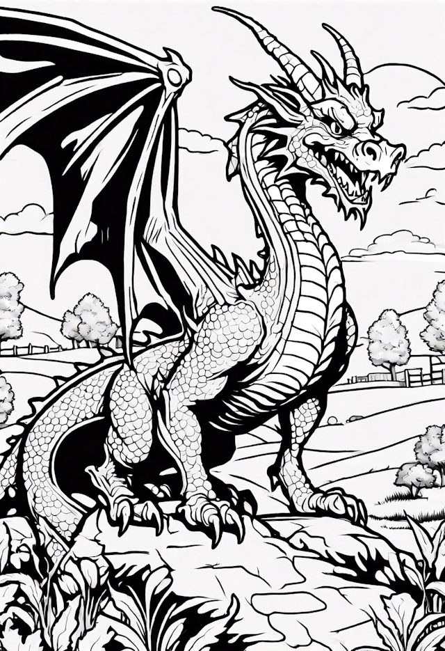 Mighty Dragon Overlooking the Valley Coloring Page