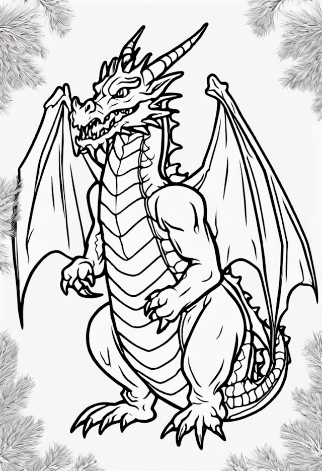 A coloring page of Majestic Dragon in Winter Wonderland Coloring Page
