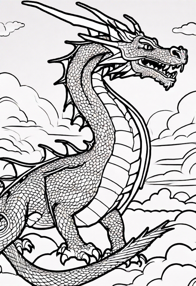 A coloring page of Dragon Soaring Above the Clouds Coloring Page