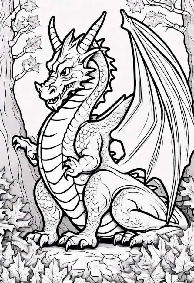 A coloring page of Forest Dragon’s Lair Coloring Page