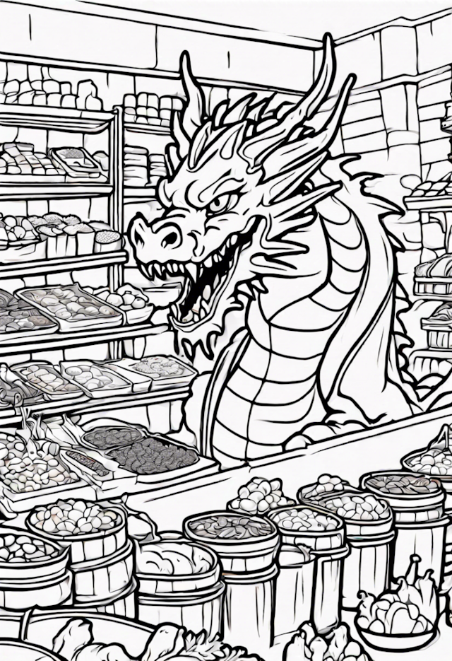 A coloring page of Dragon’s Delight at the Market