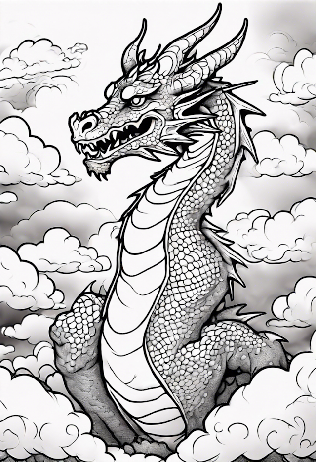 A coloring page of Dragon Soaring Through the Clouds