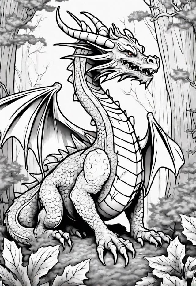 A coloring page of Majestic Forest Dragon Coloring Page