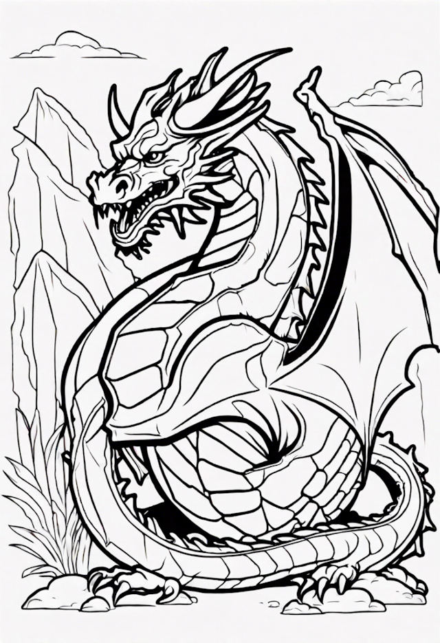A coloring page of Majestic Mountain Dragon Coloring Page
