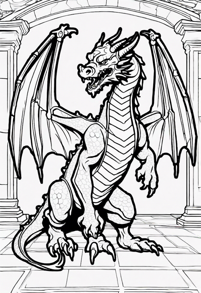 A coloring page of Dragon Guarding the Ancient Temple