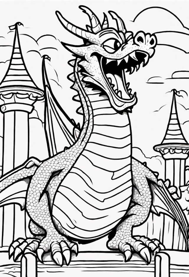 A coloring page of Mighty Dragon Guarding the Castle