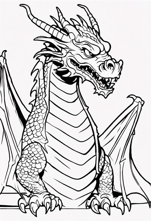 A coloring page of Mighty Dragon Awaits Your Colors