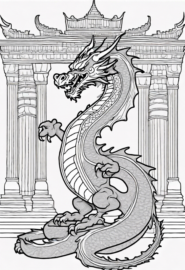 A coloring page of Majestic Dragon Amidst Ancient Columns
