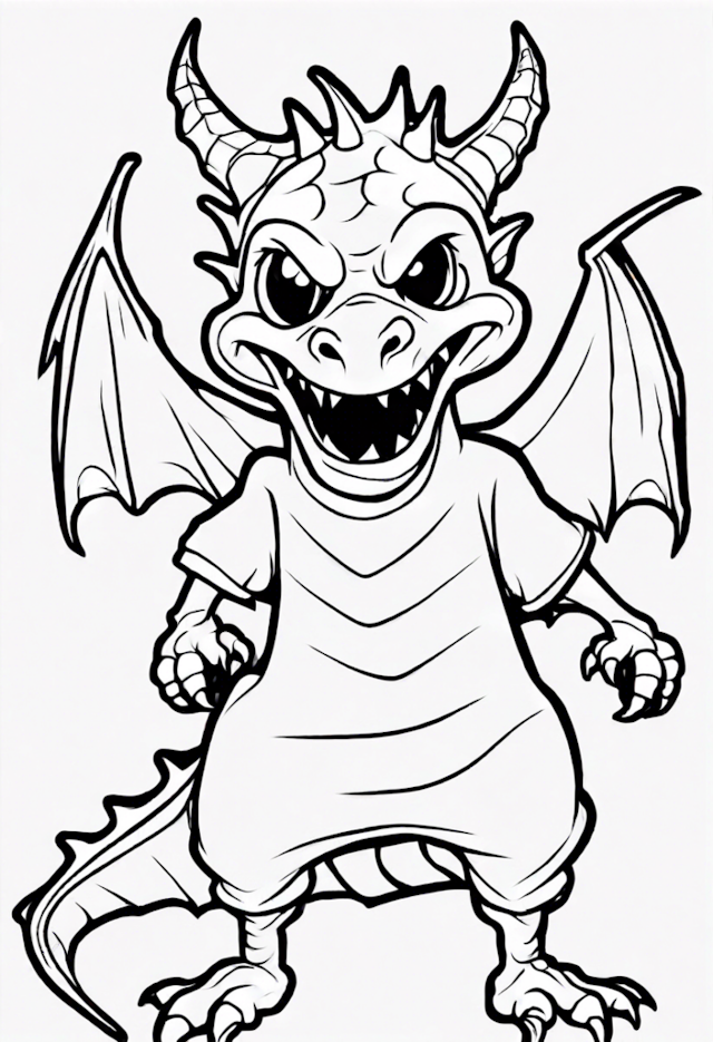 A coloring page of Cheerful Dragon in a T-Shirt Coloring Page