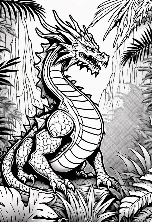 A coloring page of Fierce Dragon in the Jungle