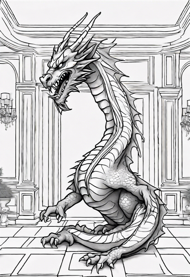 A coloring page of Majestic Castle Dragon Coloring Page