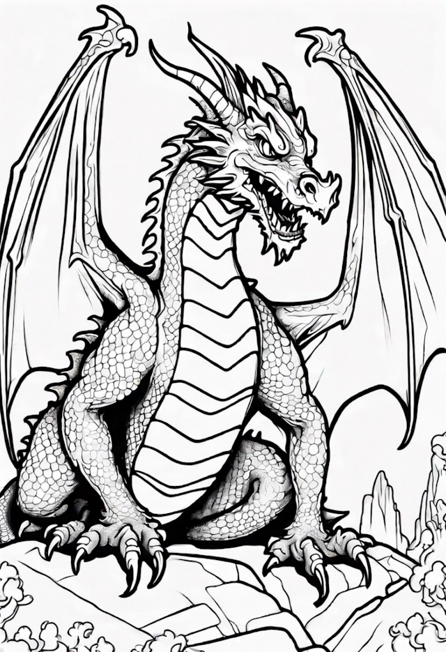 A coloring page of Majestic Dragon on the Mountain Top