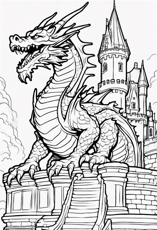 A coloring page of Dragon Guarding the Castle