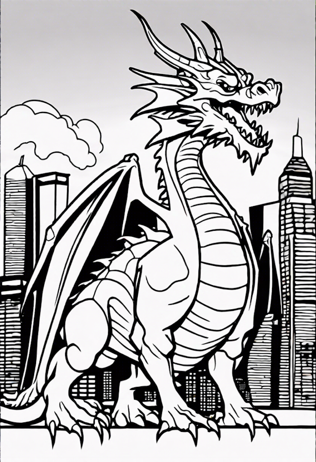 A coloring page of Dragon in the City: Urban Dragon Coloring Page