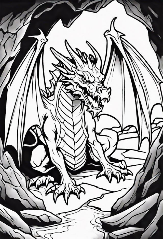 A coloring page of Mighty Dragon in the Cave Coloring Page