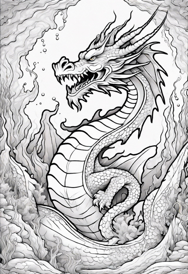 A coloring page of Legendary Dragon in Fiery Waters Coloring Page