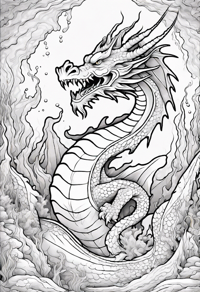 Legendary Dragon in Fiery Waters Coloring Page