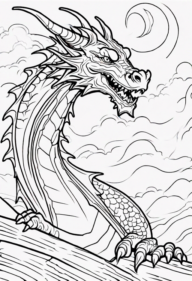 A coloring page of Dragon in the Moonlit Sky Coloring Page