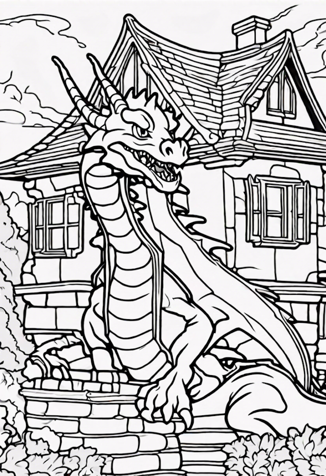 A coloring page of Dragon Guarding the Enchanted Cottage