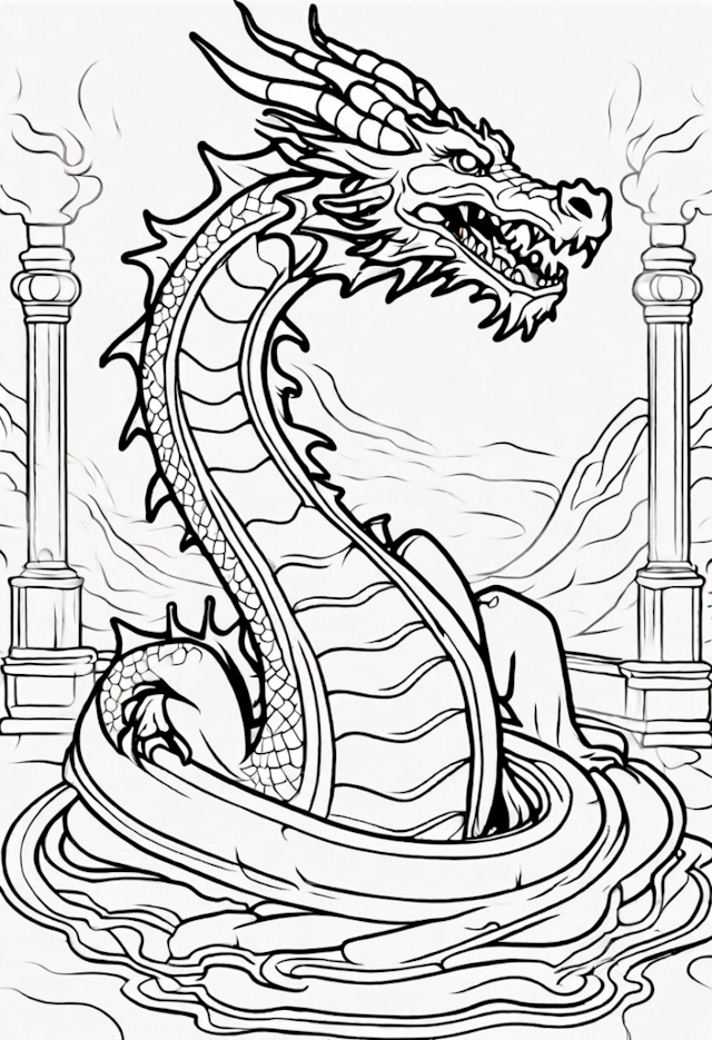 A coloring page of Mystical Dragon in the Mountains Coloring Page
