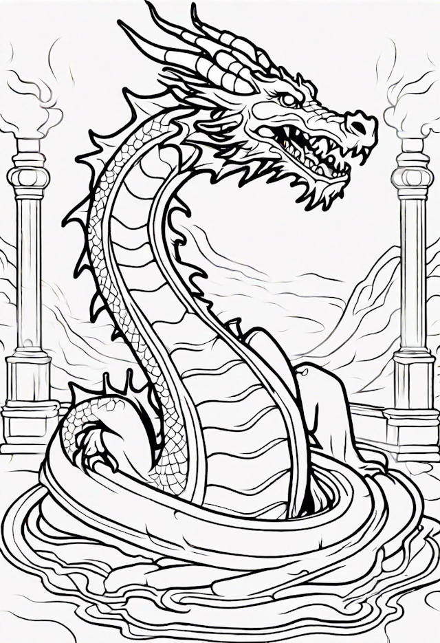 Mystical Dragon in the Mountains Coloring Page