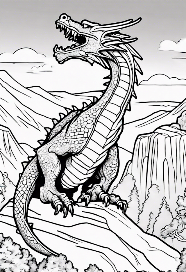 A coloring page of Mighty Dragon Roars from the Mountain Peak