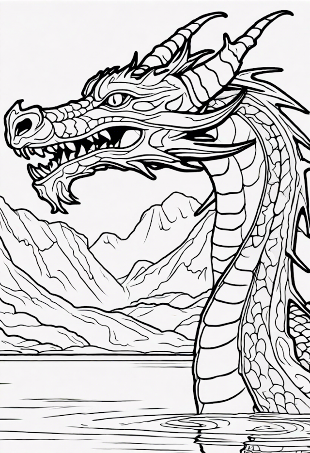 A coloring page of Majestic Mountain Dragon by the Lakeside