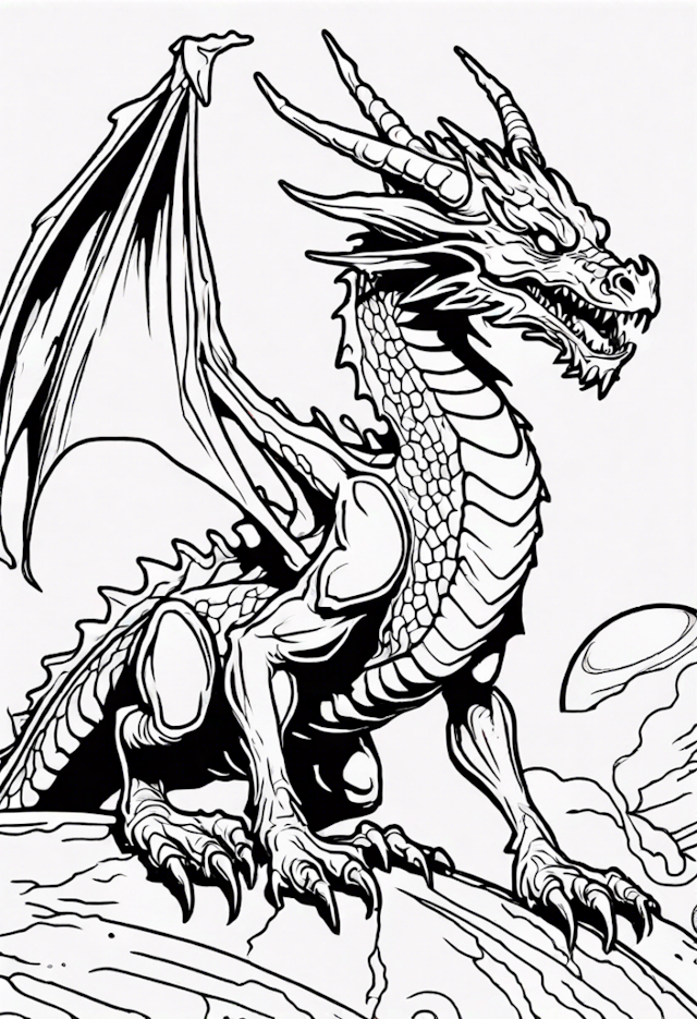 A coloring page of Majestic Dragon on a Cliff Coloring Page