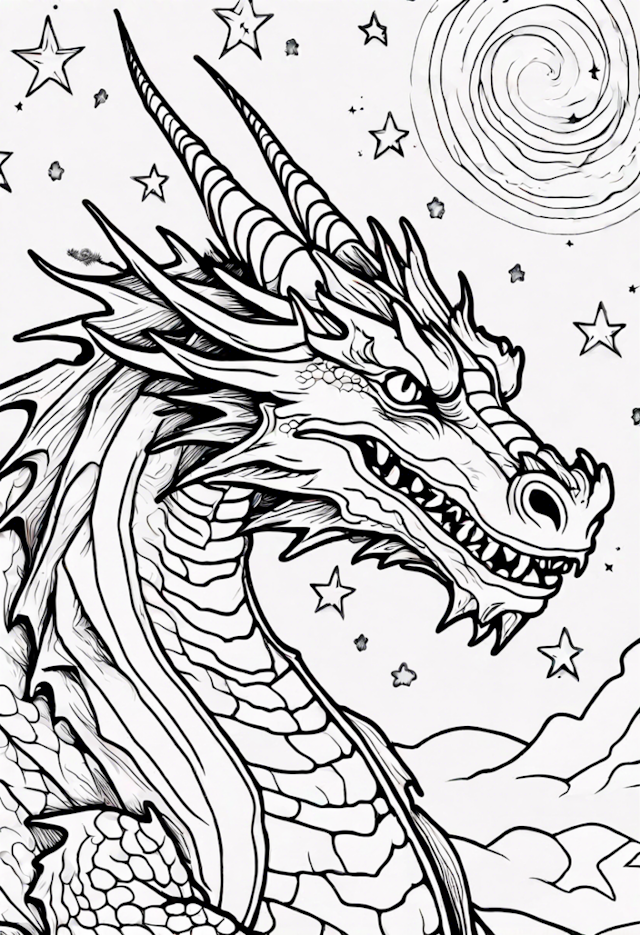 A coloring page of Celestial Dragon Under the Stars Coloring Page