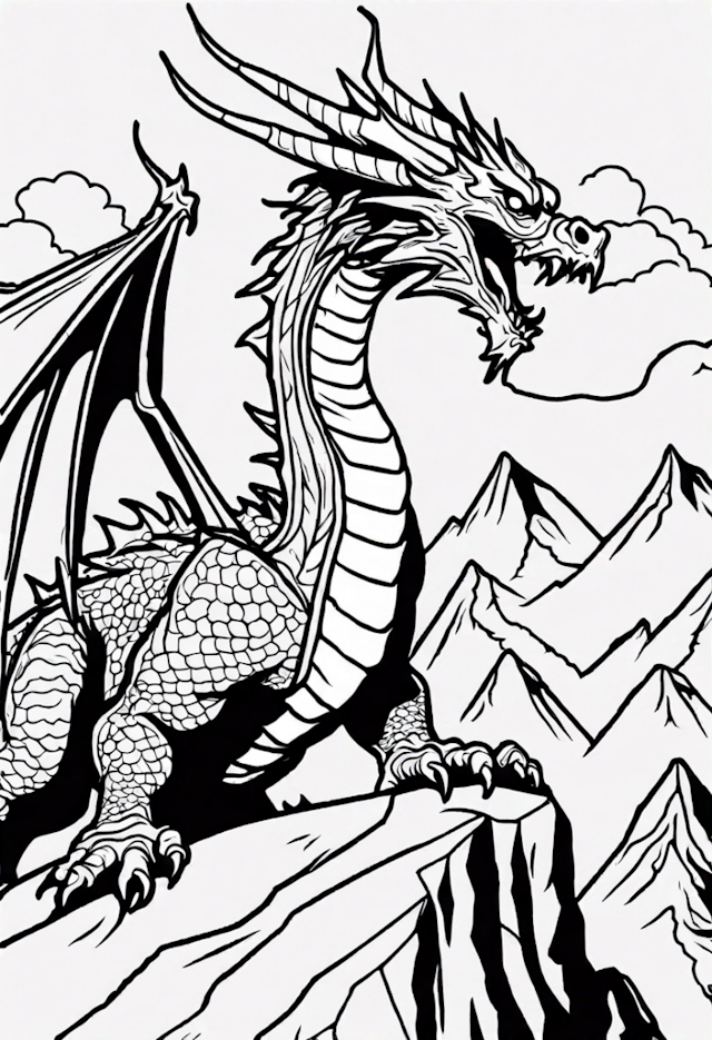 A coloring page of Fierce Dragon Overlooking Mountain Peaks Coloring Page