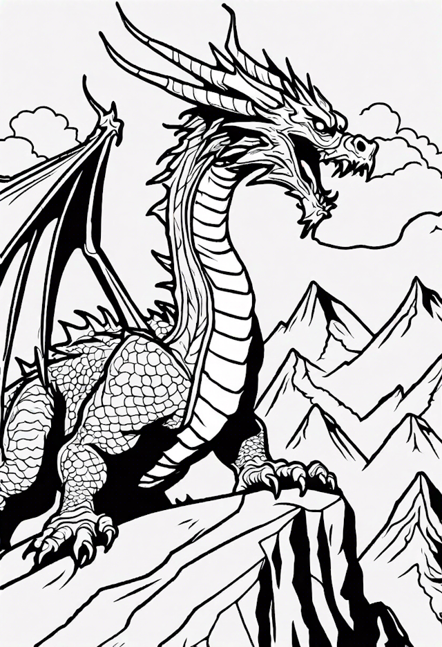 Fierce Dragon Overlooking Mountain Peaks Coloring Page