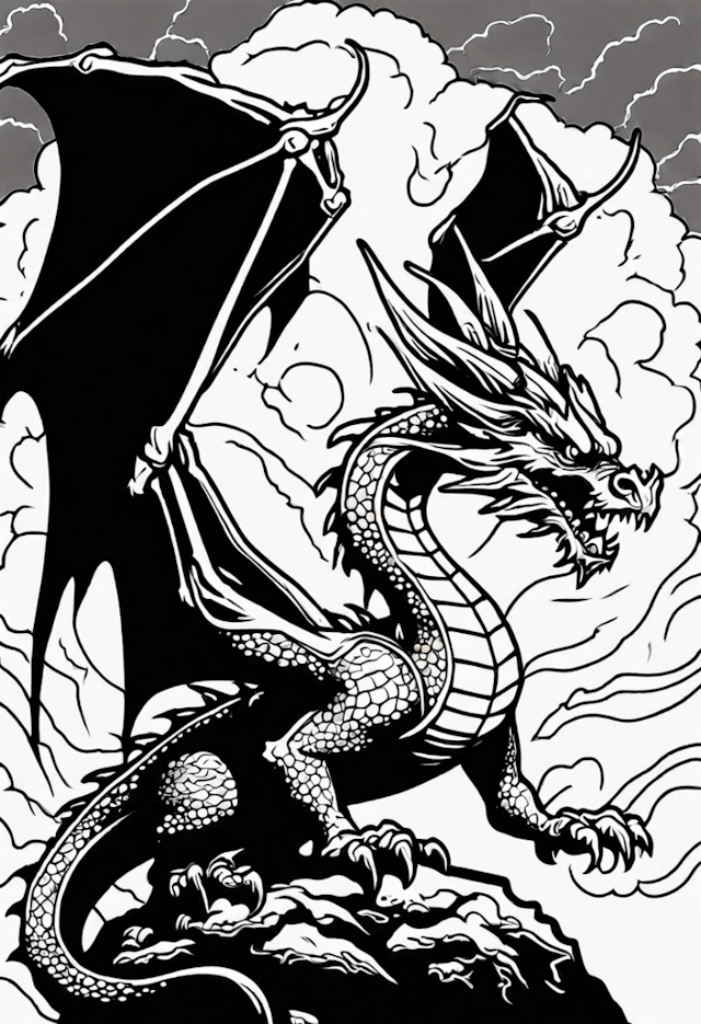 A coloring page of Fierce Dragon Soaring Through the Clouds