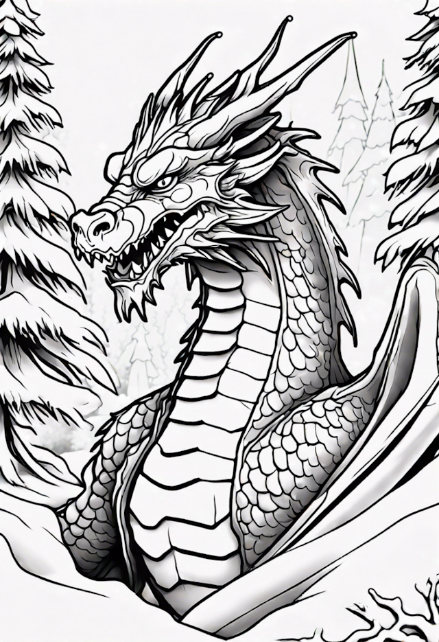 A coloring page of Dragon in the Winter Forest Coloring Page