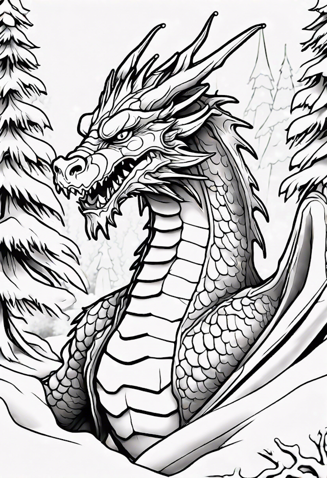 Dragon in the Winter Forest Coloring Page
