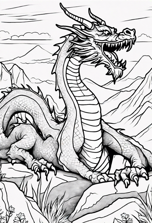 A coloring page of Dragon on the Mountain Coloring Page