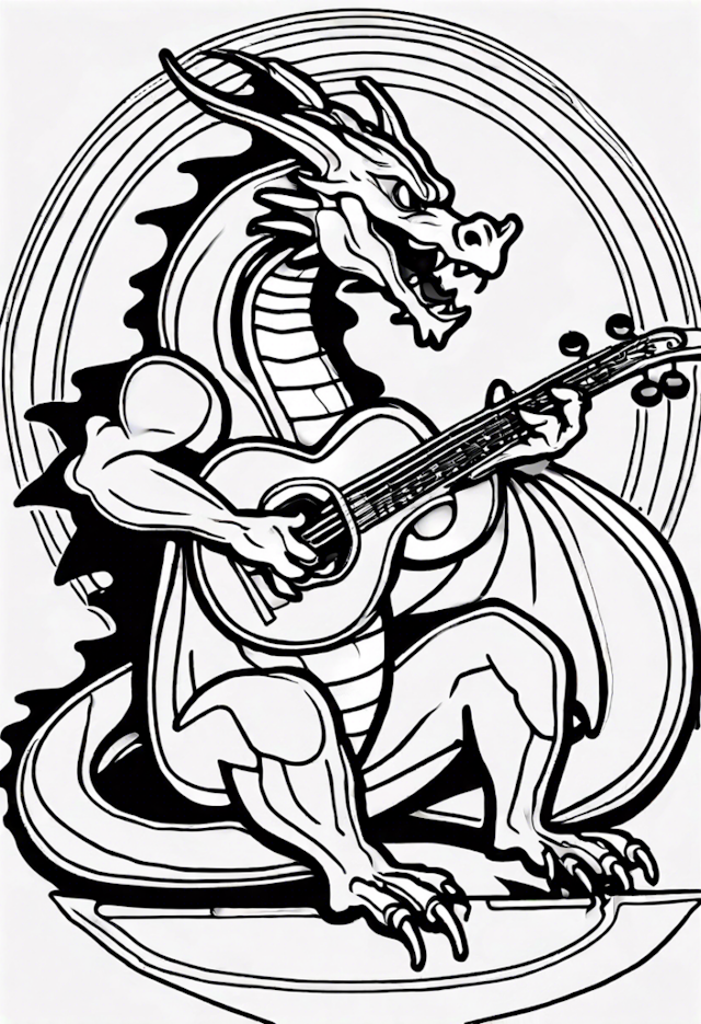 A coloring page of Dragon Playing Guitar