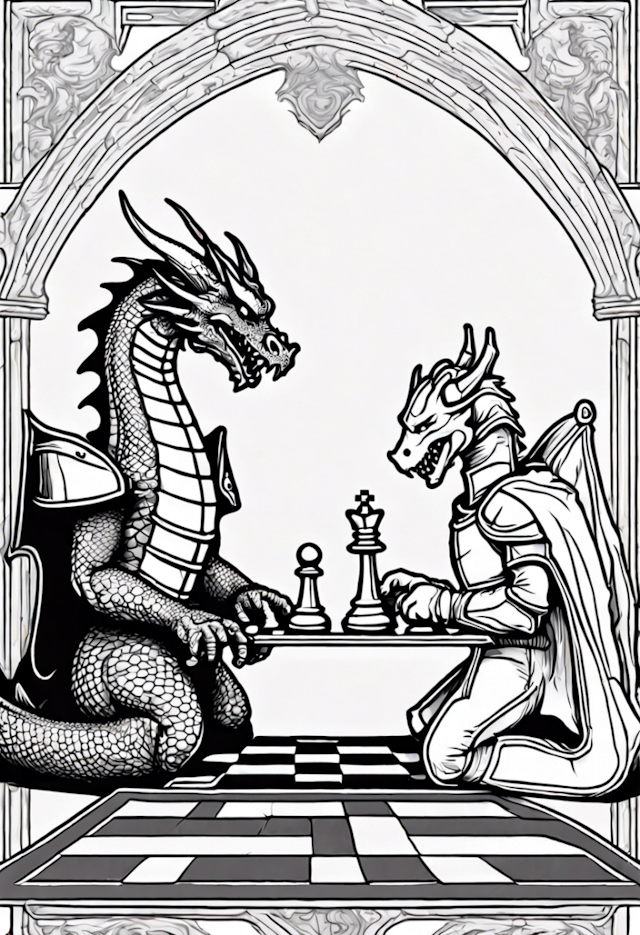 A coloring page of Dragons’ Chess Duel
