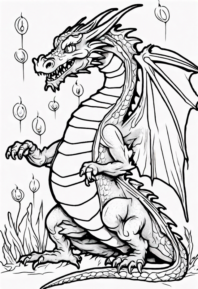 A coloring page of Majestic Dragon Among Floating Lanterns