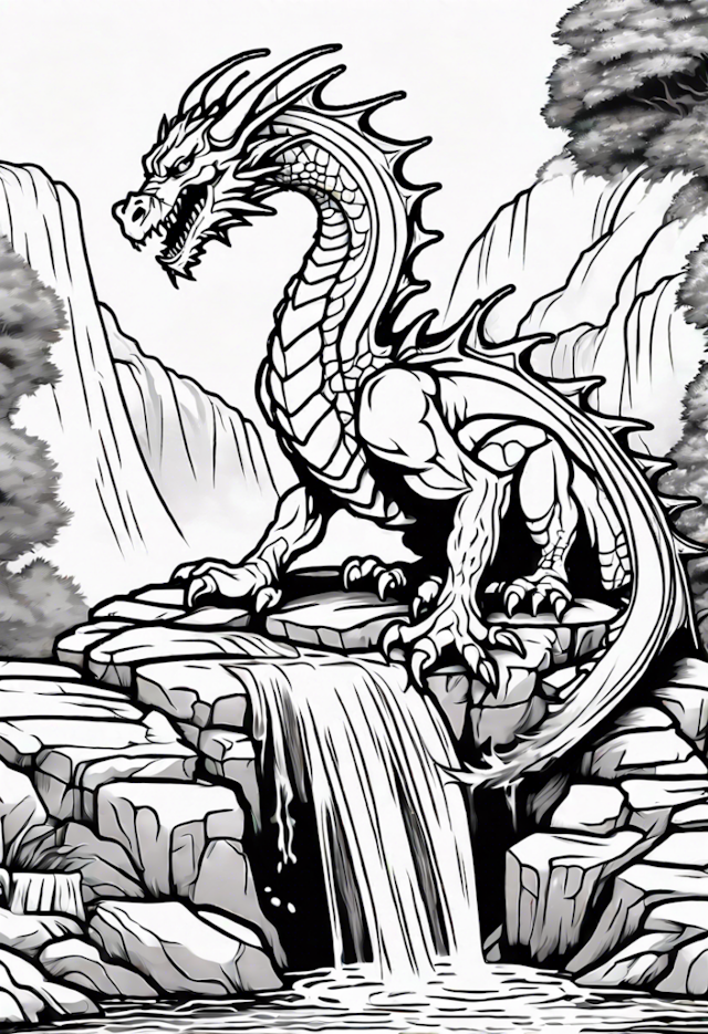 A coloring page of Majestic Dragon by the Waterfall