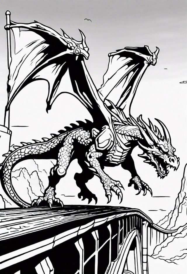 A coloring page of Dragon Over the Bridge Coloring Page