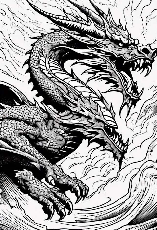 A coloring page of Fierce Dragon in the Storm Coloring Page