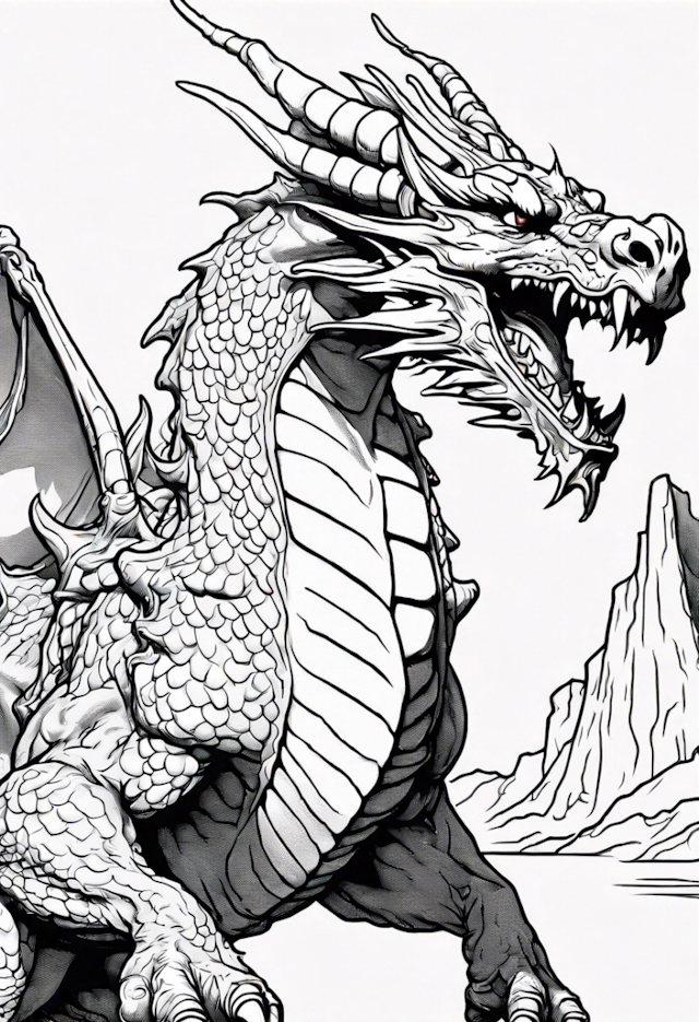A coloring page of Fierce Dragon in Mountain Landscape Coloring Page