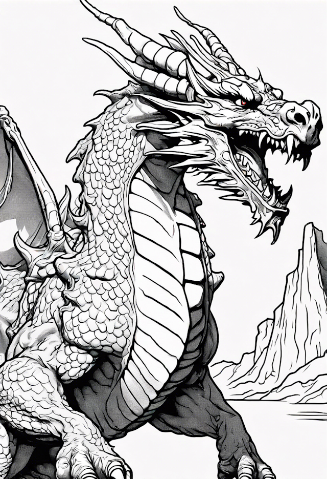 Fierce Dragon in Mountain Landscape Coloring Page