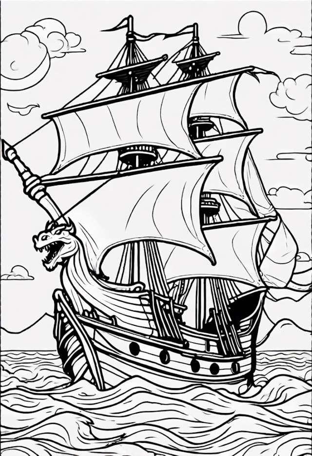 A coloring page of Adventure on the Dragon Ship