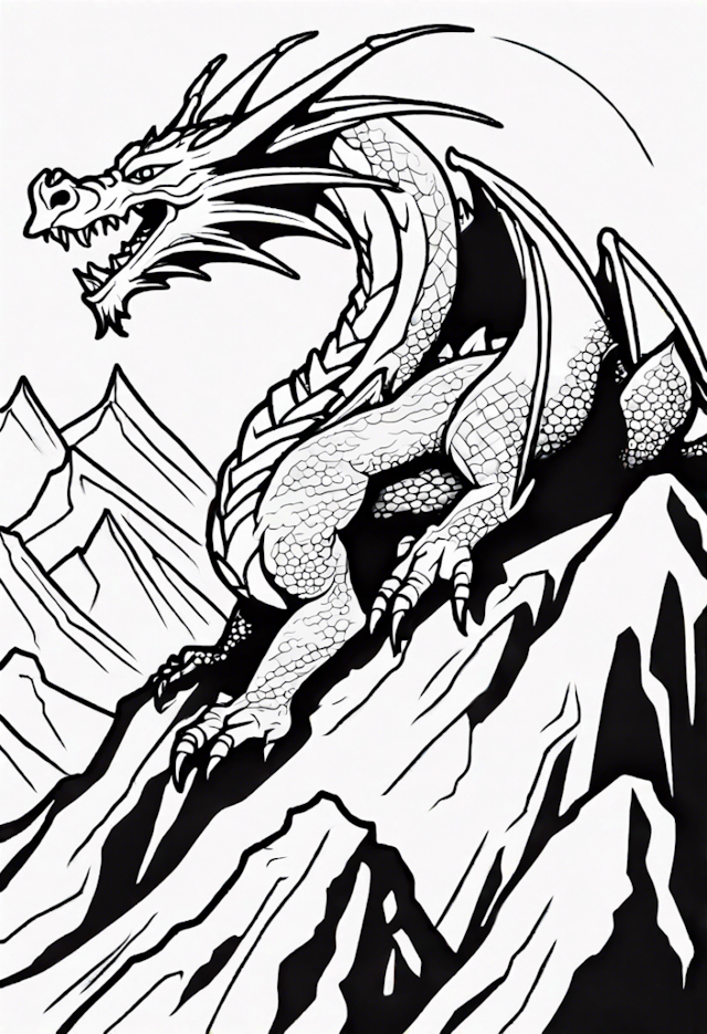 A coloring page of Dragon on the Mountain Peak Coloring Page