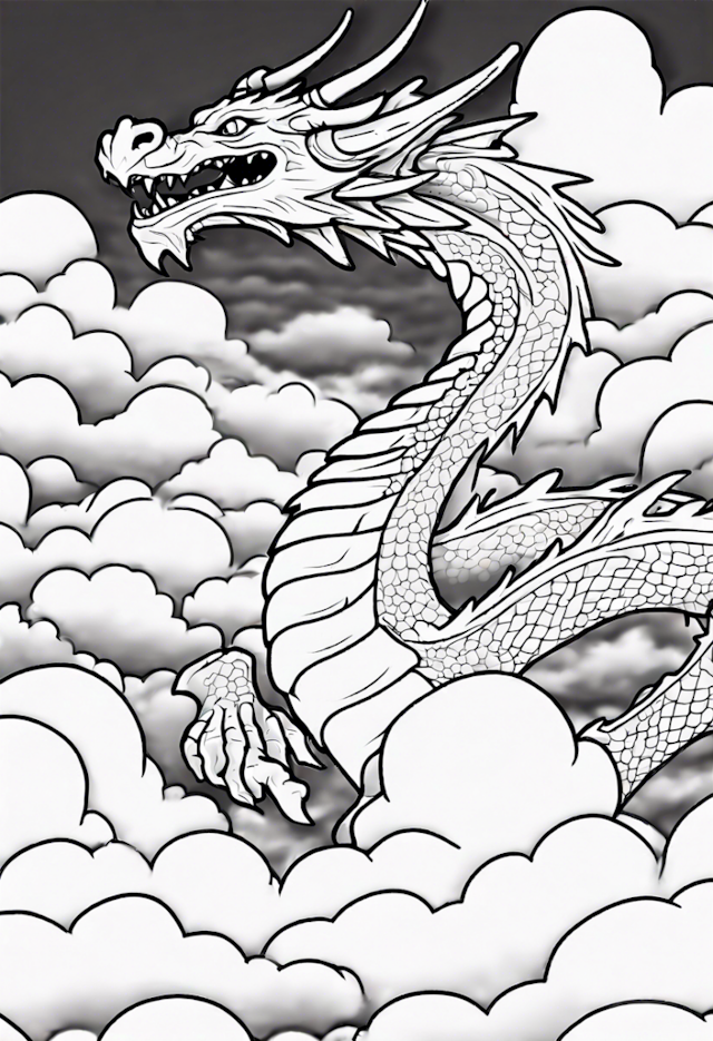 A coloring page of Dragon Soaring Through the Clouds Coloring Page