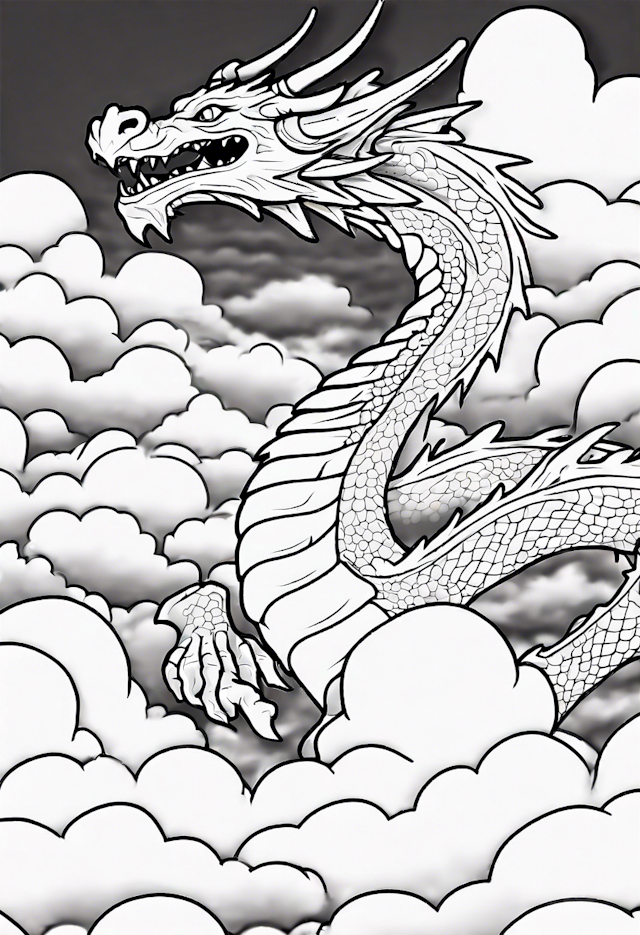 Dragon Soaring Through the Clouds Coloring Page