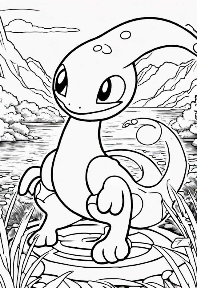 A coloring page of Axolotl by the Lake: A Tranquil Scene