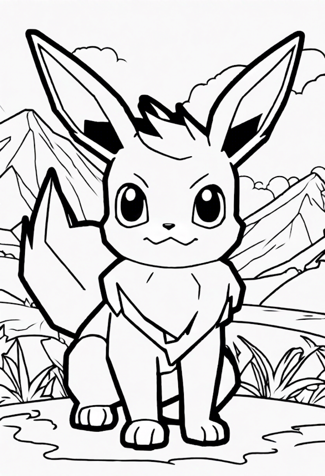 A coloring page of Eevee Exploring the Mountains Coloring Page