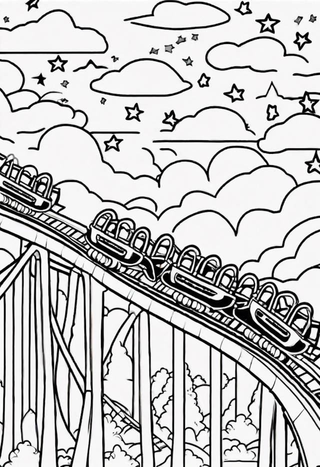A coloring page of Roller Coaster Adventure in the Clouds